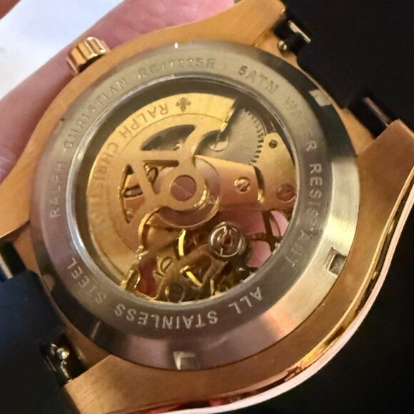 Ralph Christian Luxury Automatic Skeleton Gold/Black Tone Silicone Strap Watch. - Picture 4 of 8